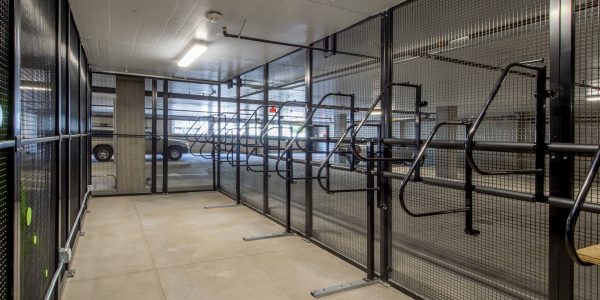 Secure bike storage in a parking garage.