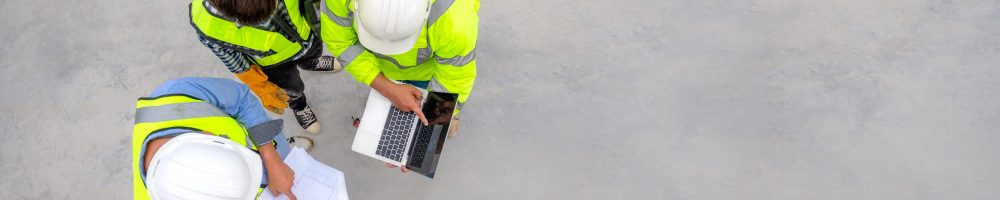 Banner : Civil engineer inspect structure at construction site against blueprint, Building inspector join inspect building structure with civil engineer. Civil engineer hold blueprint inspect building